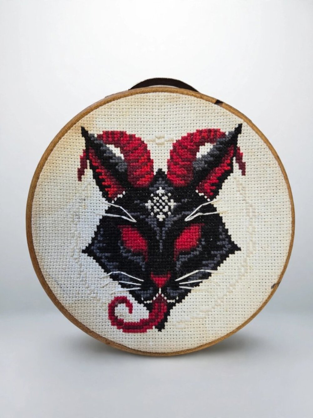 Handmade Demon Cat Cross Stitch Hoop - Black Cat w/ Bat Wings 6 In